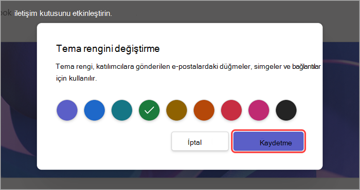 Genel toplantının tema renginin nasıl değiştirildiğini gösteren, vurgulanmış bir kullanıcı arabirimi ekran görüntüsü