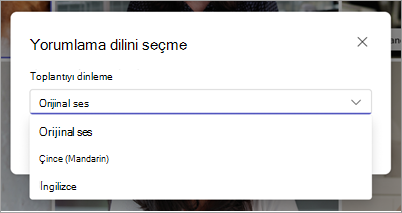 Microsoft Teams'te Çeviri dilini seçin açılan menüsünü gösteren ekran görüntüsü.