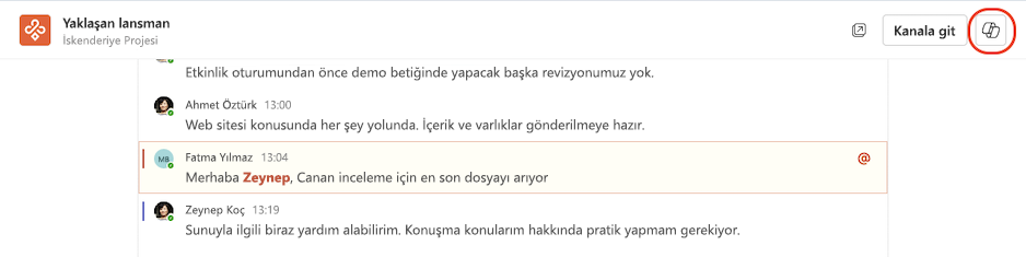 Bir kanalın tam ekran görünümünden Copilot'a erişme