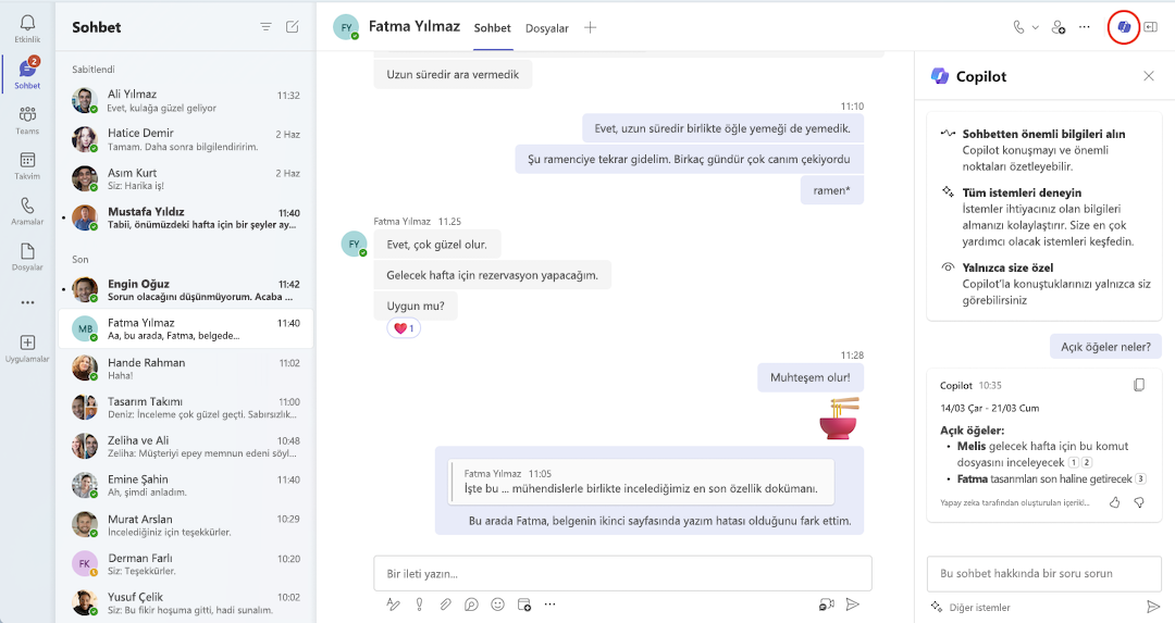 Teams sohbetinde Copilot görünümü