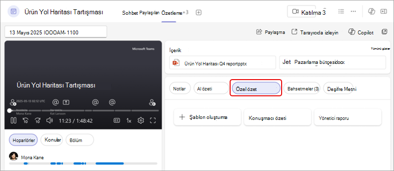 Özel özet düğmesini vurgulayarak özelleştirilmiş Teams özet özetini gösteren ekran görüntüsü.