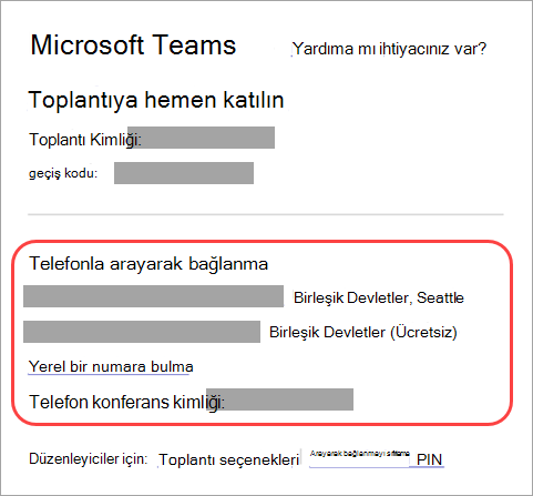 Teams toplantısına arayarak bağlanabileceğiniz yeri gösteren ekran görüntüsü.