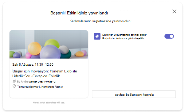 Teams etkinliği yayımlandıktan sonra alınan onay iletisinin ekran görüntüsü