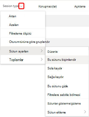 Bu sütunu biçimlendir menü seçeneği