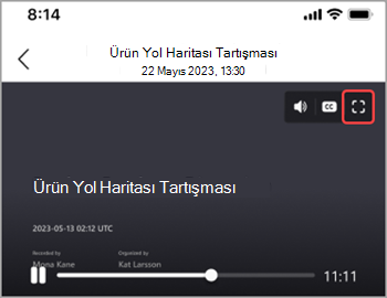 Toplantı kaydını tüm ekranınızda görüntülemek için tam ekran simgesine dokunun.