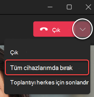 Masaüstü için Teams'de Toplantıdan ayrıl açılan listesinin ekran görüntüsü.