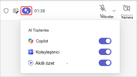 Teams toplantı penceresinin üst kısmındaki Toplantı yapay zeka seçeneğini vurgulayan ekran görüntüsü