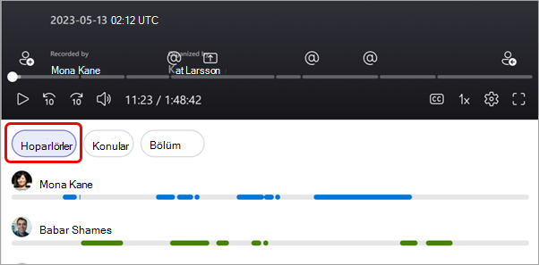 Microsoft Teams özetinde konuşmacı işaretleyicilerinin görünümü.