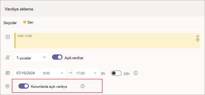 Açık bir vardiya için Konumlar arasında vardiyayı aç iki durumlu düğmesini gösteren ekran görüntüsü.
