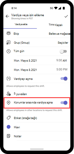 Mobil cihazlarda bir vardiya için Konumlar arasında vardiyayı aç seçeneğini gösteren ekran görüntüsü.