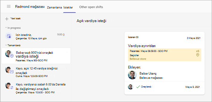 Bir yönetici tarafından onaylanan çalışanların açık vardiya isteğinin ekran görüntüsü.