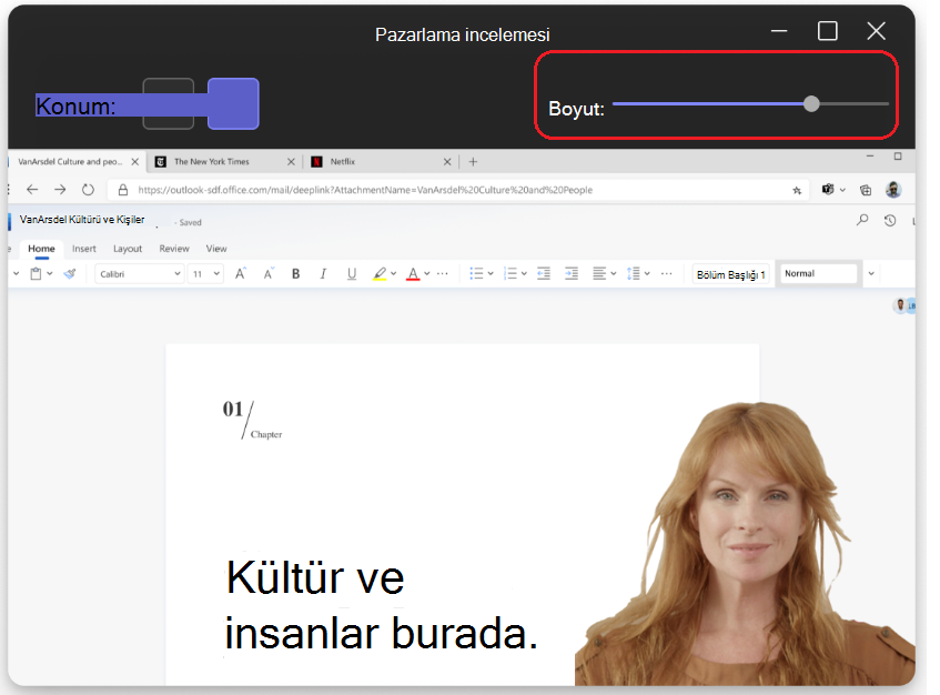 Sunucu modunda sayfanın üst kısmındaki boyut kaydırıcısını gösteren resim.