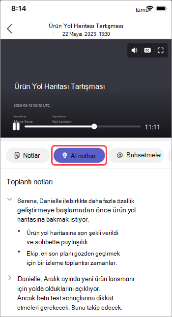 Teams toplantı özetinde yapay zeka tarafından oluşturulan notları görüntüleyin.