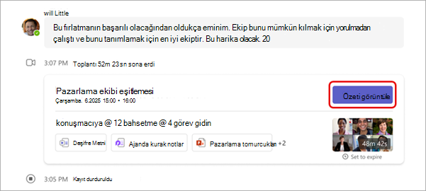 Bir toplantı sohbetinde özetin görüntülendiği yerin ekran görüntüsü.