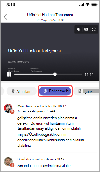 Teams toplantı özetinde ad bahsetmelerini görüntüleyin.