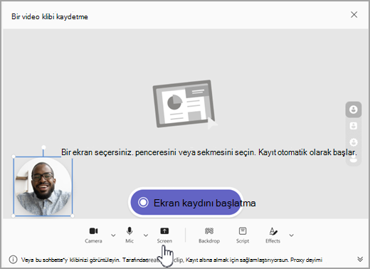 Microsoft Teams'de ekran kaydı başlatma seçeneğinin ekran görüntüsü.