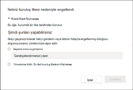 Kurumsal veri kaybı önleme ilkesi için seçenekleri geçersiz kılma