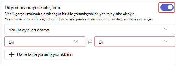 Toplantı seçeneklerindeki dil çevirisi ayarlarını gösteren ekran görüntüsü.