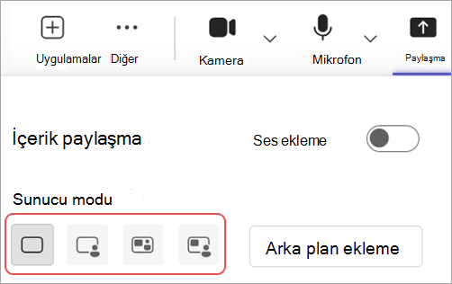 Microsoft Teams toplantı denetimlerindeki farklı sunucu modlarını vurgulayan ekran görüntüsü.