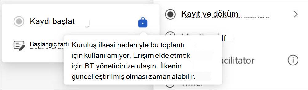 Yalnızca yönetici olarak belirlenen kullanıcıların kaydı başlatabileceğini belirten bir açılır pencere görüntülenen, kayıt ve döküm düğmelerinin bulunduğu ekran.