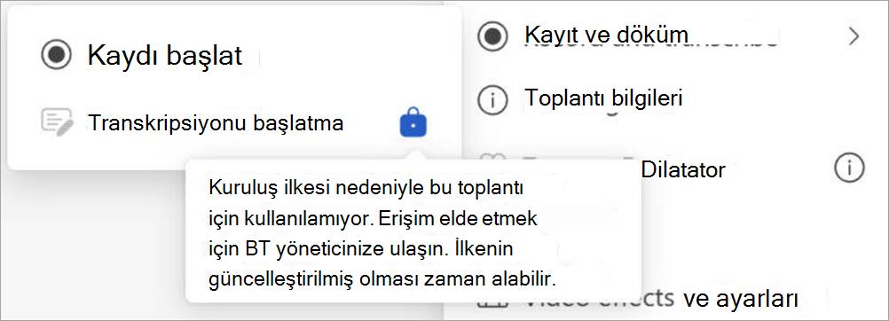 Kayıt ve döküm seçeneklerini içeren menü; döküm oluşturma kuruluş ilkesi tarafından devre dışı bırakıldı; ayarlar ve toplantı bilgileri de görülebiliyor.