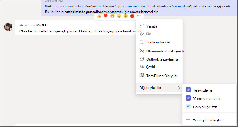 Alt menüleriyle birlikte tamamen genişletilmiş Diğer seçenekler menüsü