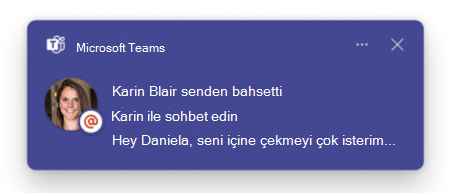 Teams bahsetme bildiriminde ileti önizlemesini gösteren ekran görüntüsü.