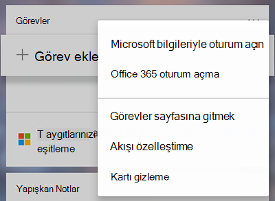 Microsoft hesabıyla oturum açın veya Office 365 seçeneğini gösteren ekran görüntüsü, diğer Görevler kartındaki Office 365 menüsü.
