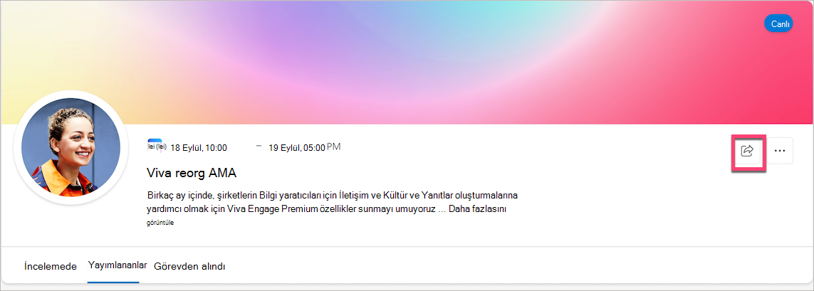 Ekran görüntüsü, AMA etkinlik sayfasındaki paylaş simgesini gösterir.