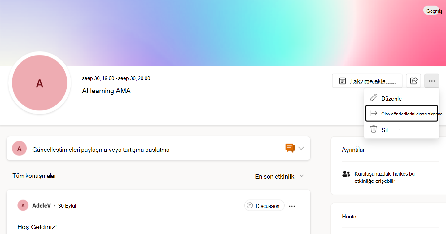 Diğer menüsünden AMA tartışma verilerini dışarı aktarma