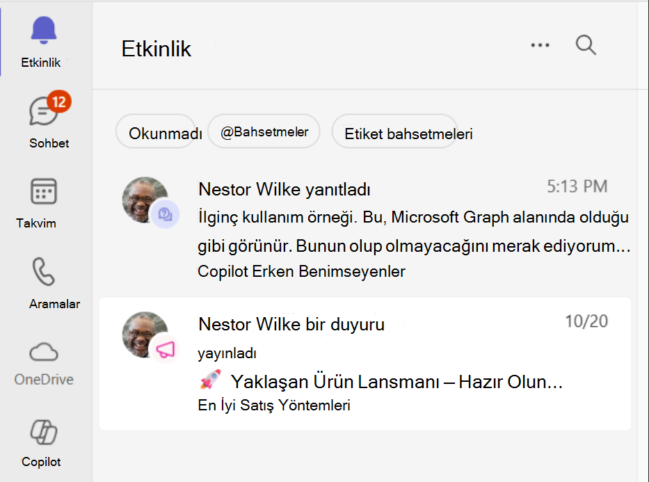 Teams Etkinlik akışında topluluk içeriğini gösteren ekran başlığı