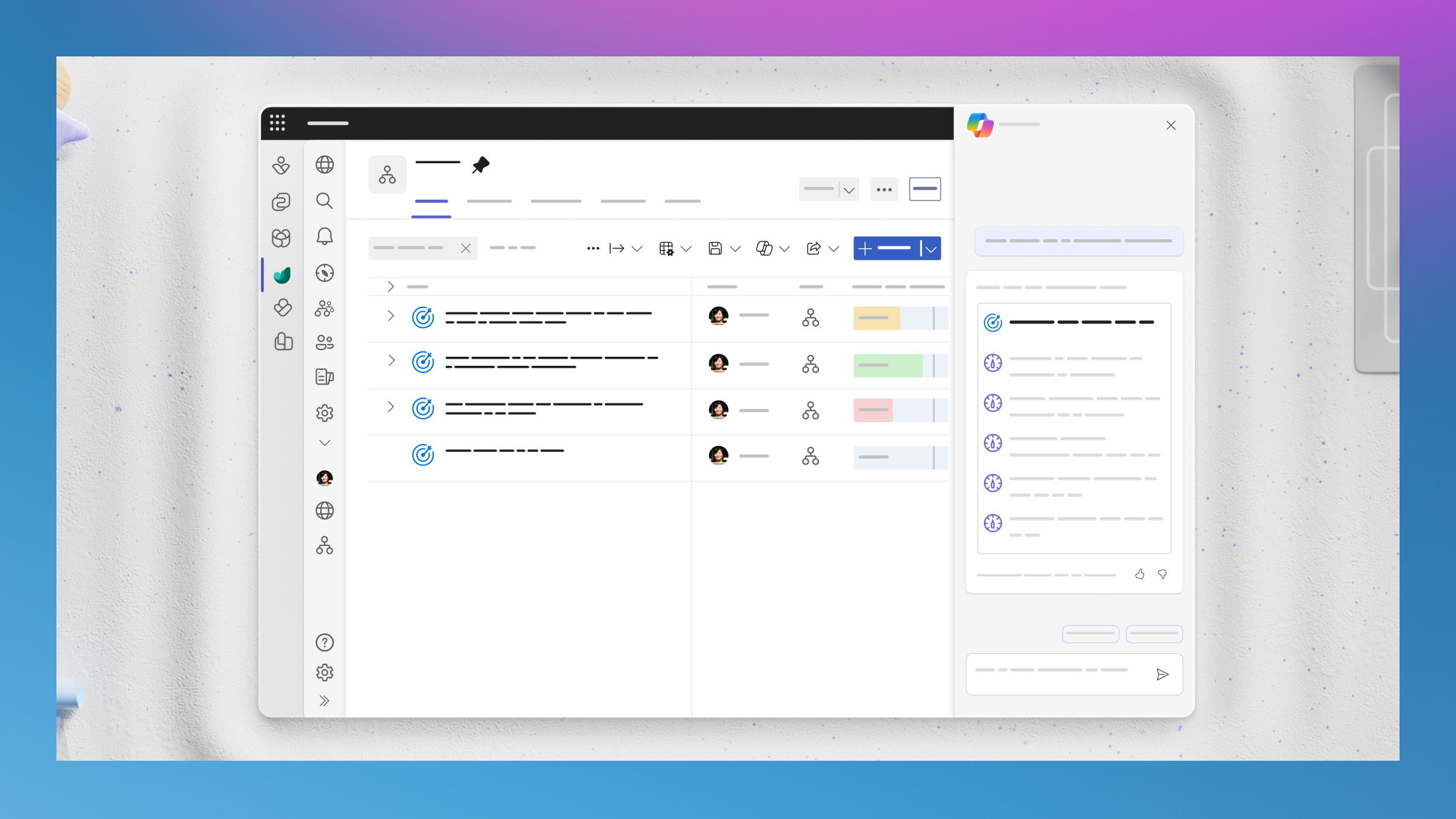 Viva Goals’de Microsoft Copilot kullanıcı arabirimini gösteren ekran görüntüsü.