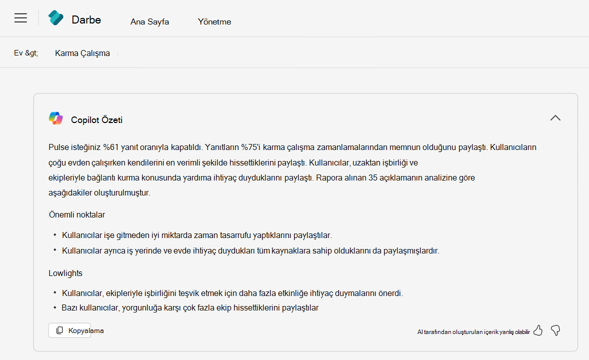 Copilot, Viva Pulse raporu için özet oluşturdu