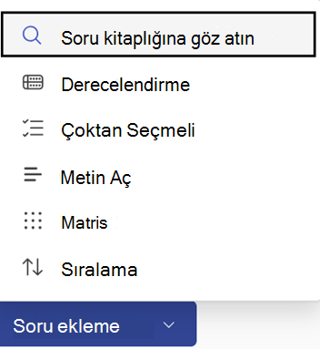 Soru ekle düğmesi ve seçenekleri
