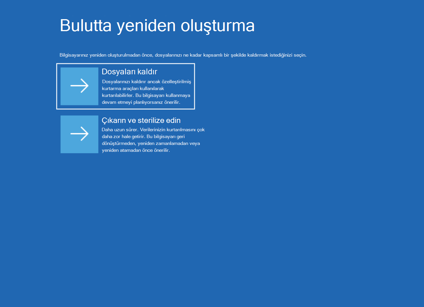 Dosyaları kaldır ve Kaldır & temizle seçeneklerinin yer aldığı bulutta yeniden oluşturma ekranının görüntüsü.
