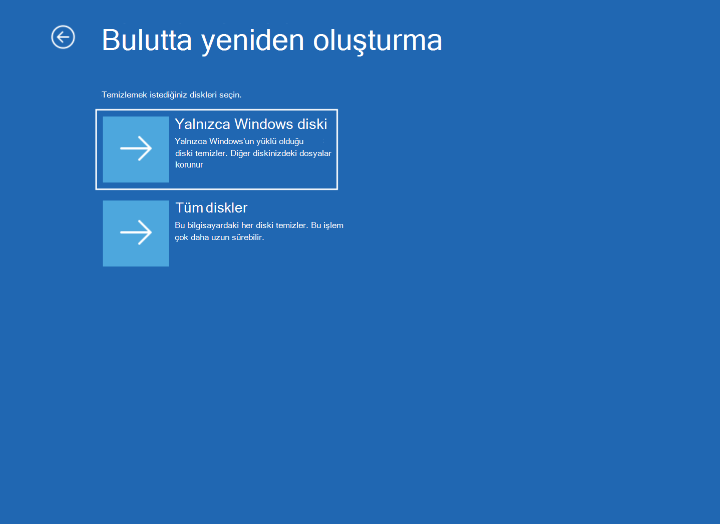 Yalnızca Windows diski ve Tüm diskler seçeneklerinin yer aldığı bulutta yeniden oluşturma ekranının görüntüsü.