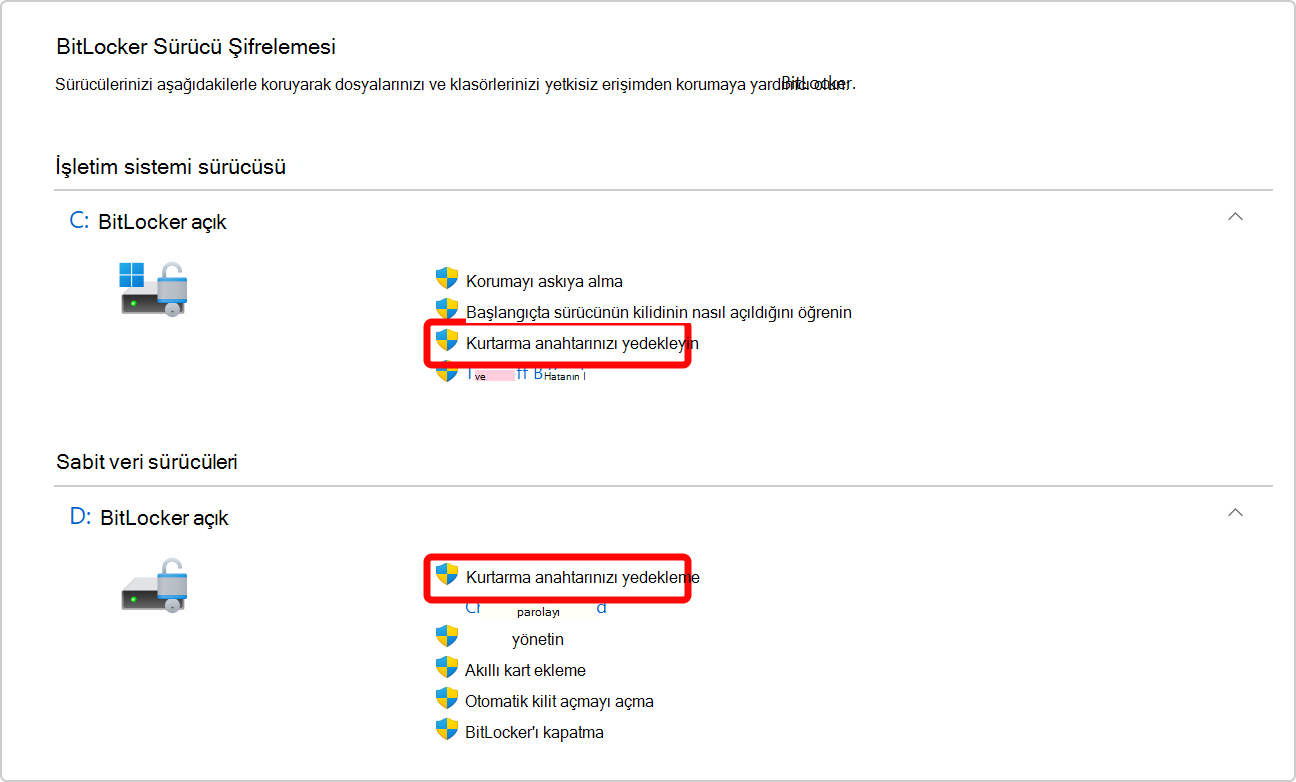 Hem işletim sistemi sürücüsü hem de veri sürücüsü için BitLocker kurtarma anahtarını yedekleme seçeneğini gösteren Denetim Masası ekran görüntüsü.