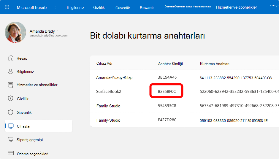 Bir Microsoft hesabı için BitLocker kurtarma anahtarlarının ekran görüntüsü.