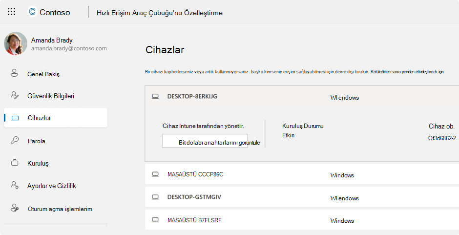 Bir iş veya okul hesabı için BitLocker kurtarma anahtarlarının ekran görüntüsü.