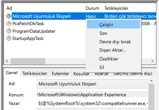Görev Zamanlayıcı'da Microsoft Uyumluluk Eksperi’ni Çalıştırma.