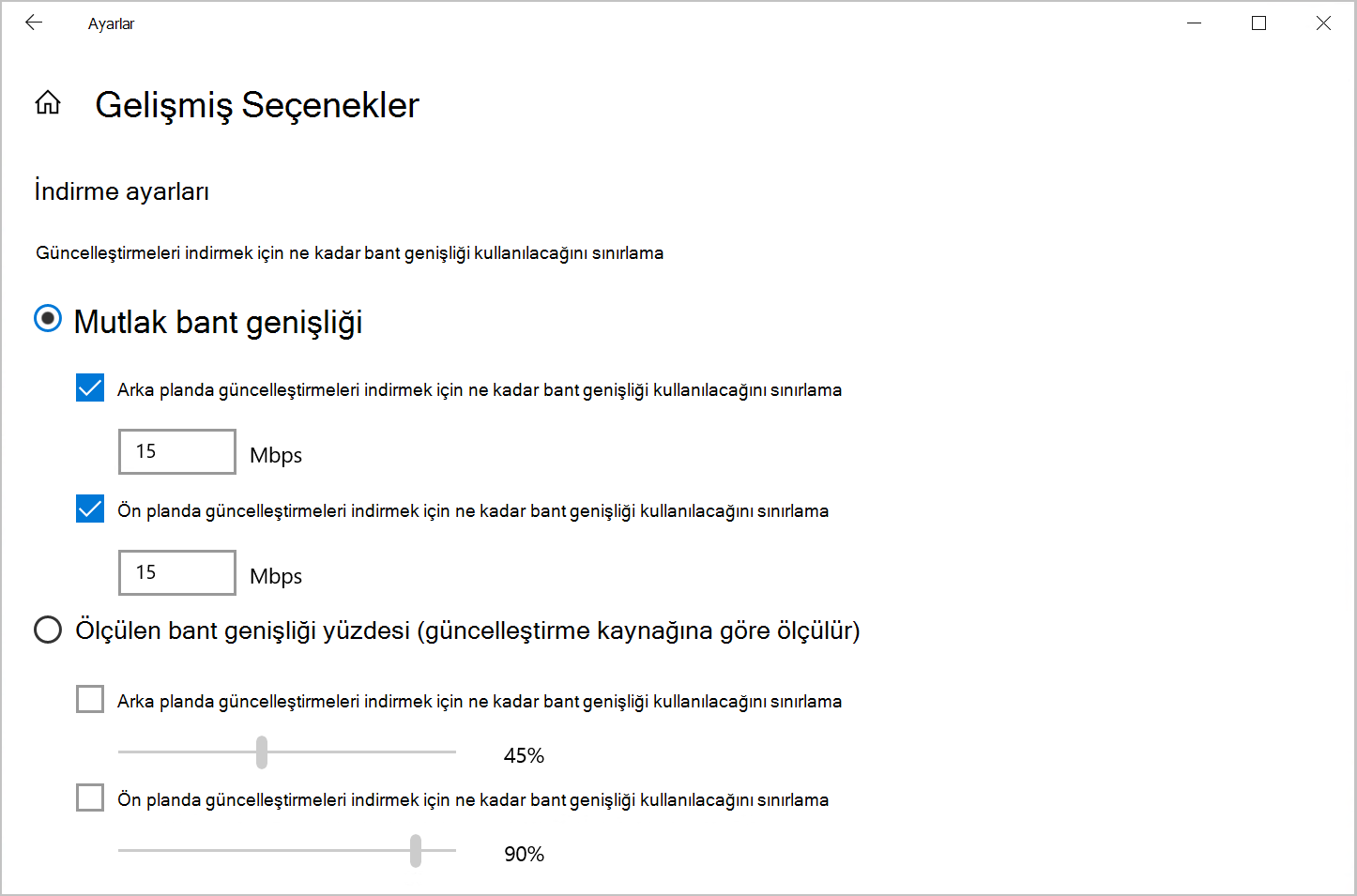 TWindows 10Windows 10'da indirme bant genişliğini sınırlamak için Teslim İyileştirme seçeneğinin ekran görüntüsü.