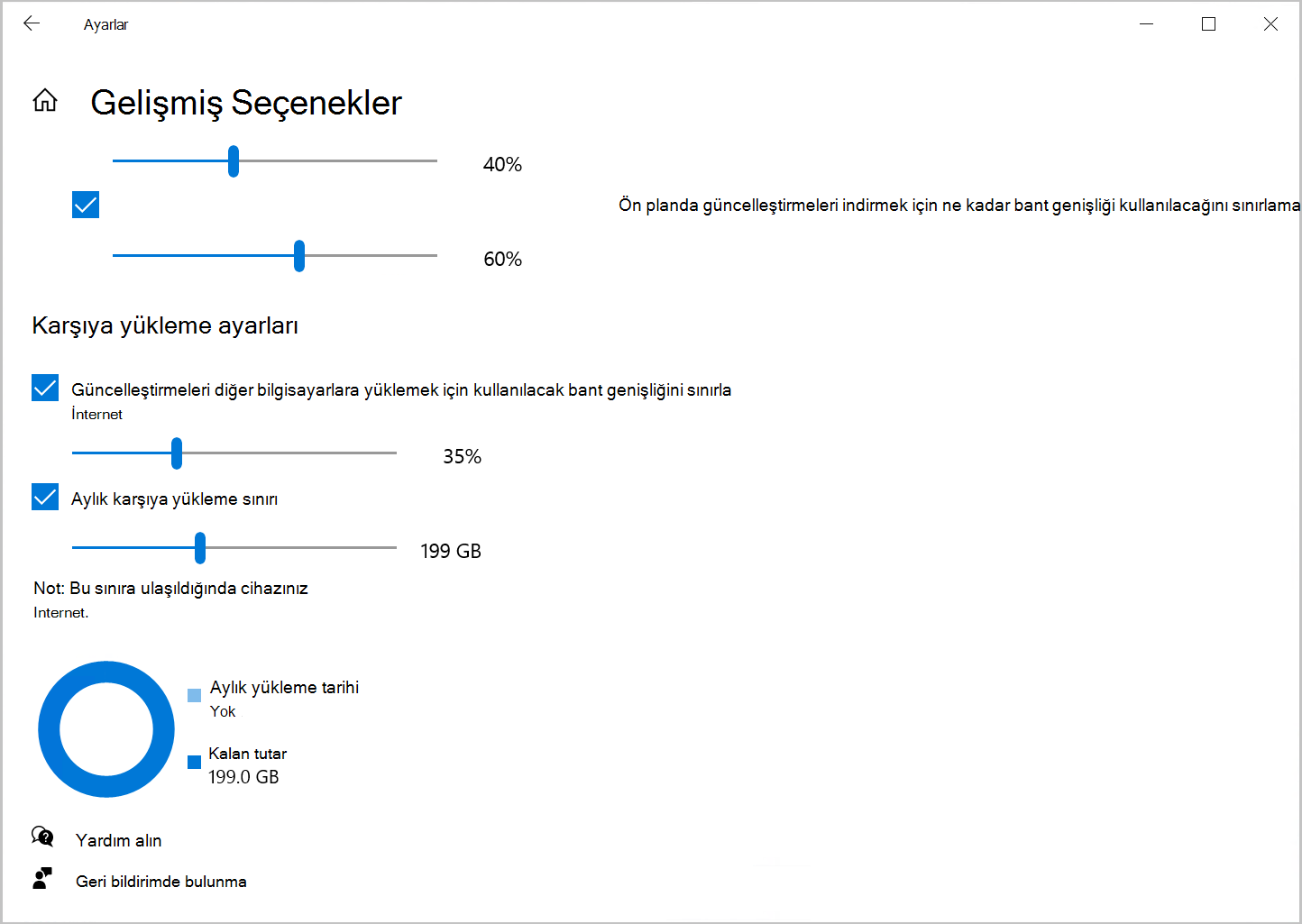 Windows 10'da karşıya yükleme bant genişliğini sınırlamaya yönelik Teslim İyileştirme seçeneğinin ekran görüntüsü.