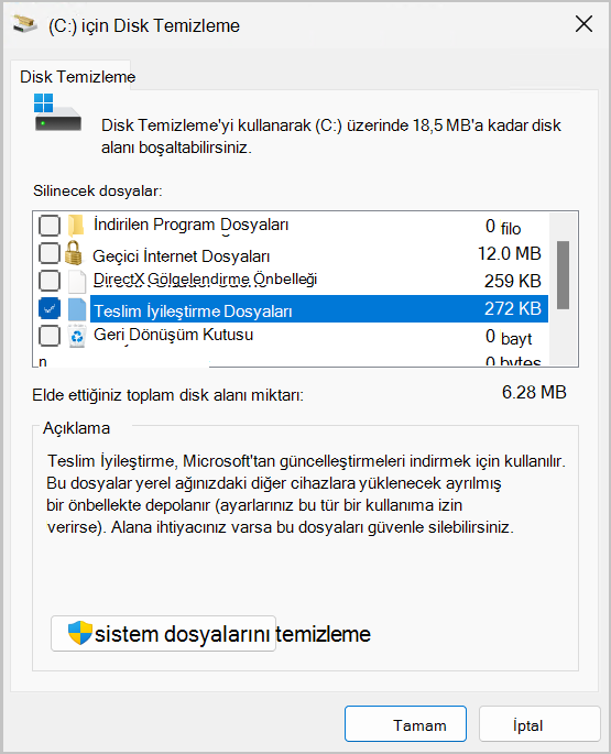 Teslim İyileştirme FilesFiles seçeneğinin seçili olduğunu gösteren Disk temizleme yardımcı programının ekran görüntüsü.