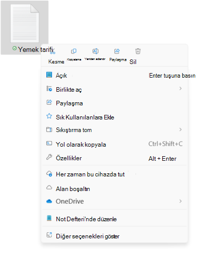 Yeni kesme/kopyalama/yeniden adlandırma/paylaşma/silme seçeneklerini gösteren dosya açılır menüsünün ekran görüntüsü.