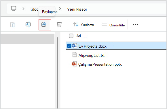 Dosya gezgininden dosya paylaşmanın ekran görüntüsü