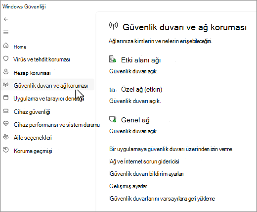 Windows Güvenliği uygulamasının Güvenlik Duvarı ve Ağ Koruması sayfasının ekran görüntüsü.