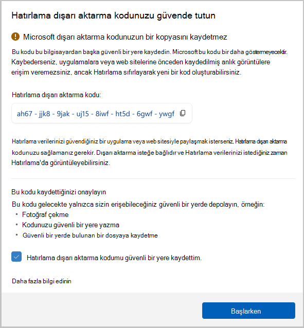 Hatırlama için dışarı aktarma kodunun ekran görüntüsü