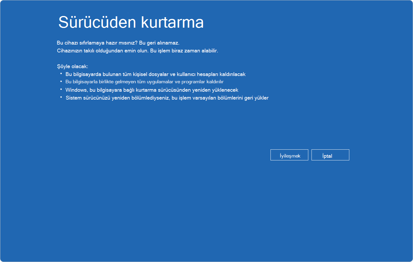 Sürücüden kurtarma onayını gösteren Windows RE ekran görüntüsü