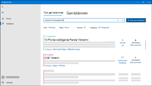 Geri Bildirim Merkezi'ndeki Geri Bildirim Ara iletişim kutusu