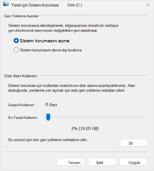 Sistem Koruması'nın ekran görüntüsü.